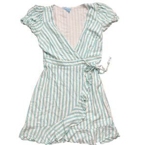 Draper James RSVP Small Short Sleeve Knee Length Striped White Teal Wrap Dress